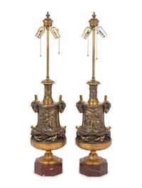 A Pair of French Gilt and Silvered Bronze and Marble Urns Mounted as Lamps with Shades