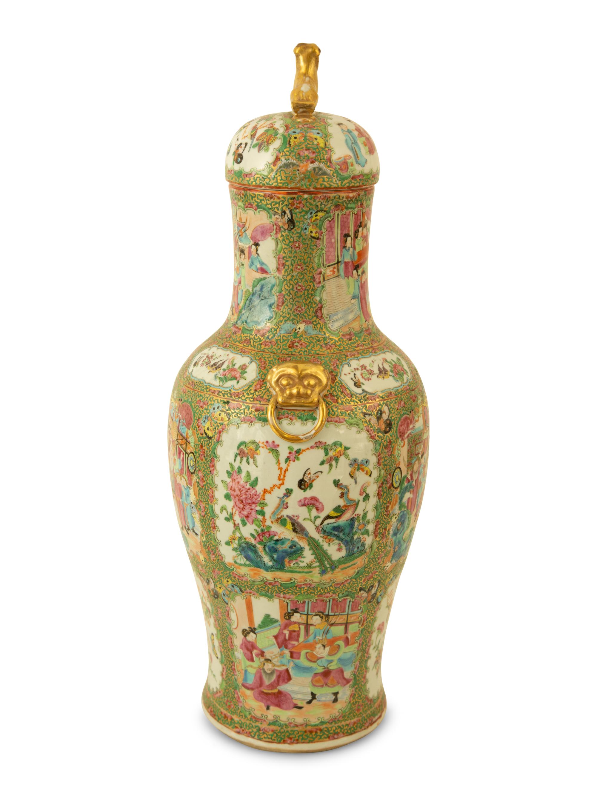 A Large Pair of Chinese Rose Medallion Porcelain Covered Urns