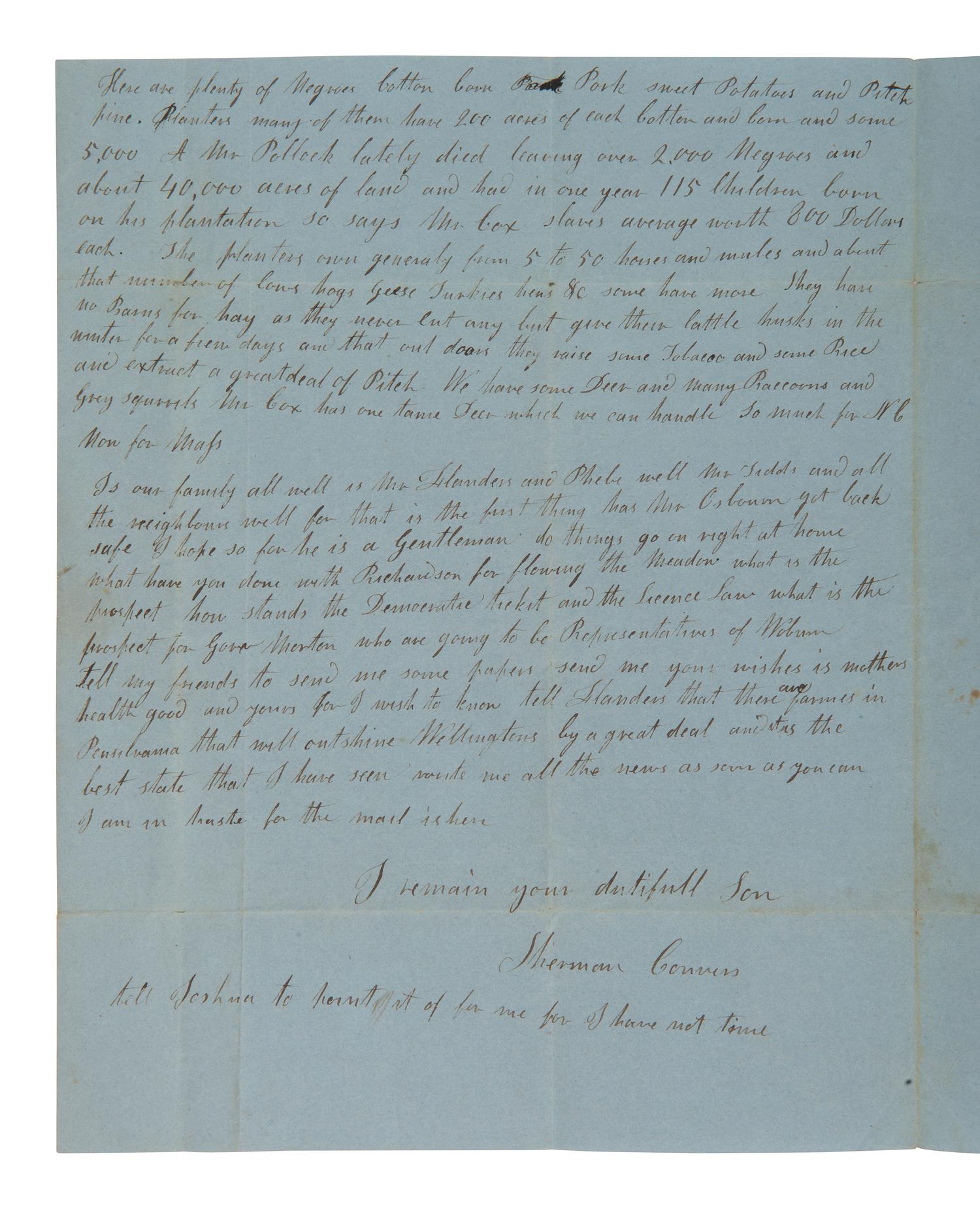 [ENSLAVEMENT] 1839 letter ref. death of wealthy slave owner George Pollock and his holdings in NC.
