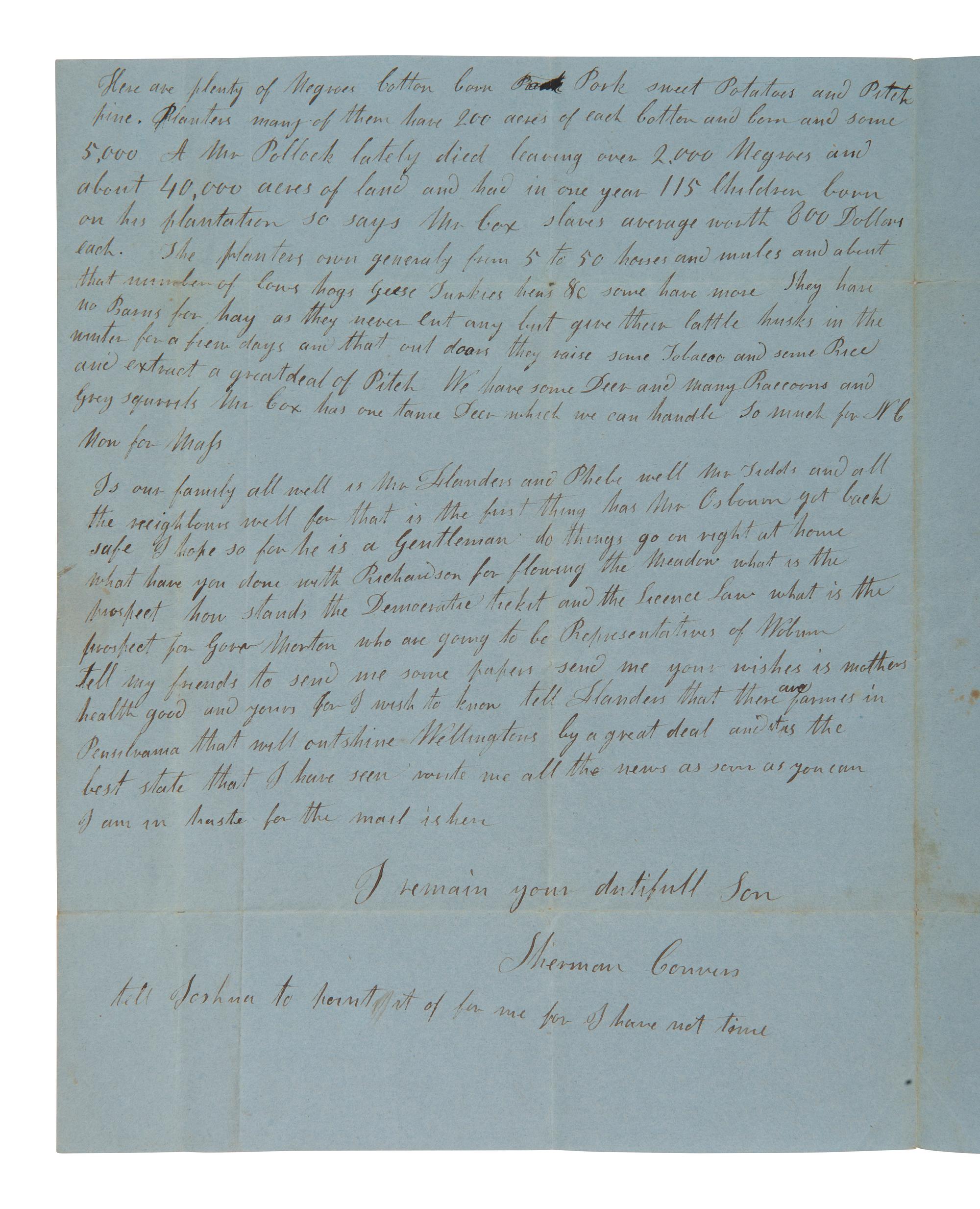 [ENSLAVEMENT] 1839 letter ref. death of wealthy slave owner George Pollock and his holdings in NC.