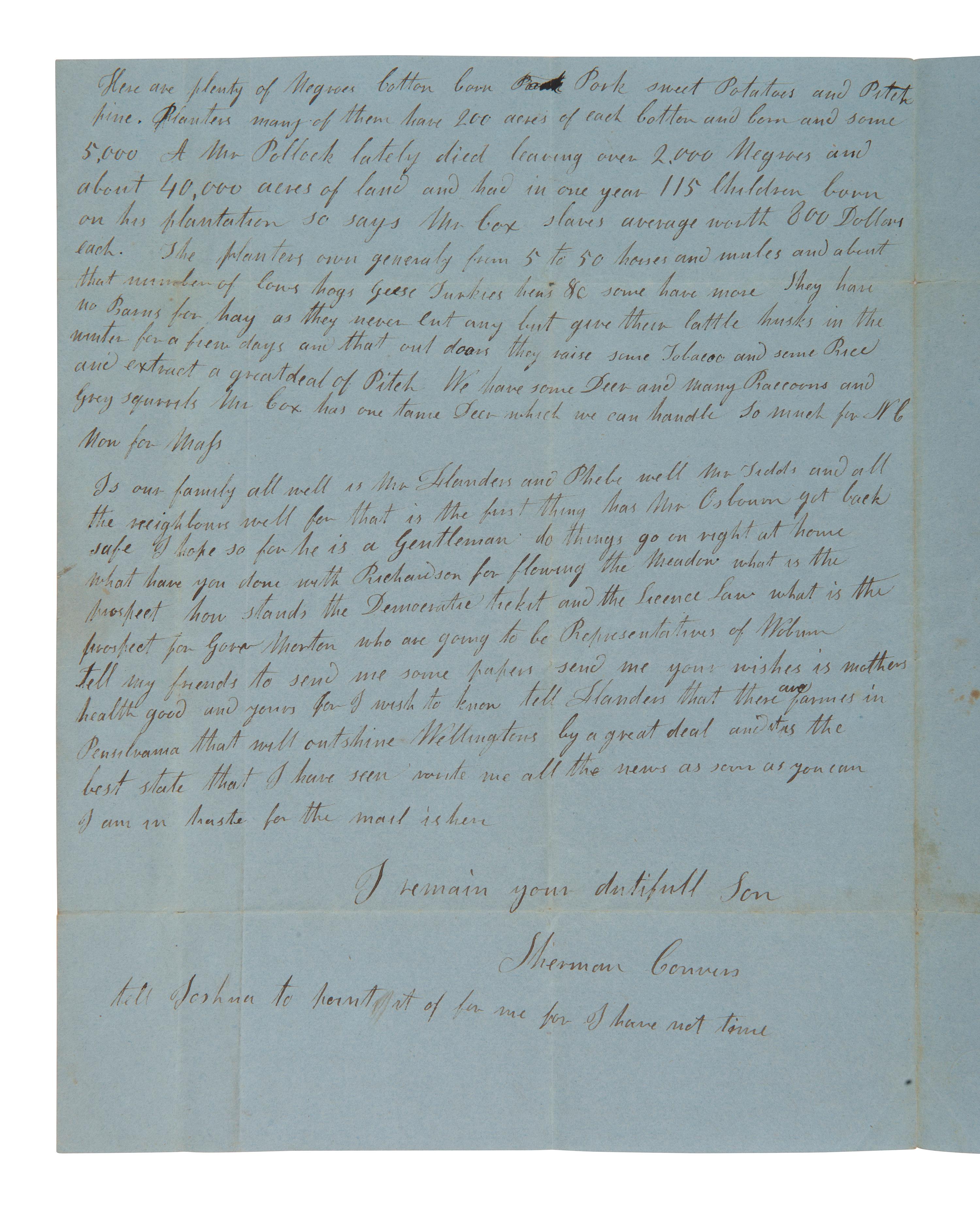 [ENSLAVEMENT] 1839 letter ref. death of wealthy slave owner George Pollock and his holdings in NC.