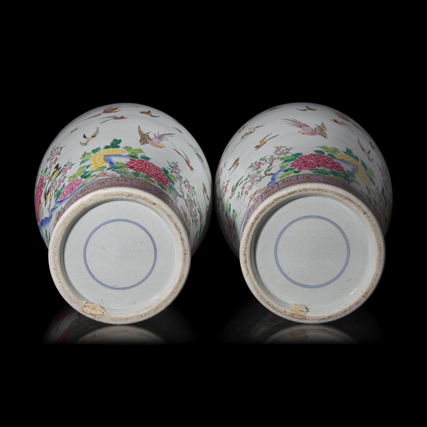 A Pair of Large Chinese Famille Rose Covered Vases 粉彩花鳥圖大蓋瓶一對