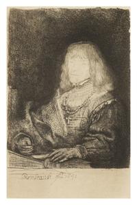After Rembrandt van Rijn, (Dutch, 1606-1669), Man at a Desk Wearing a Cross