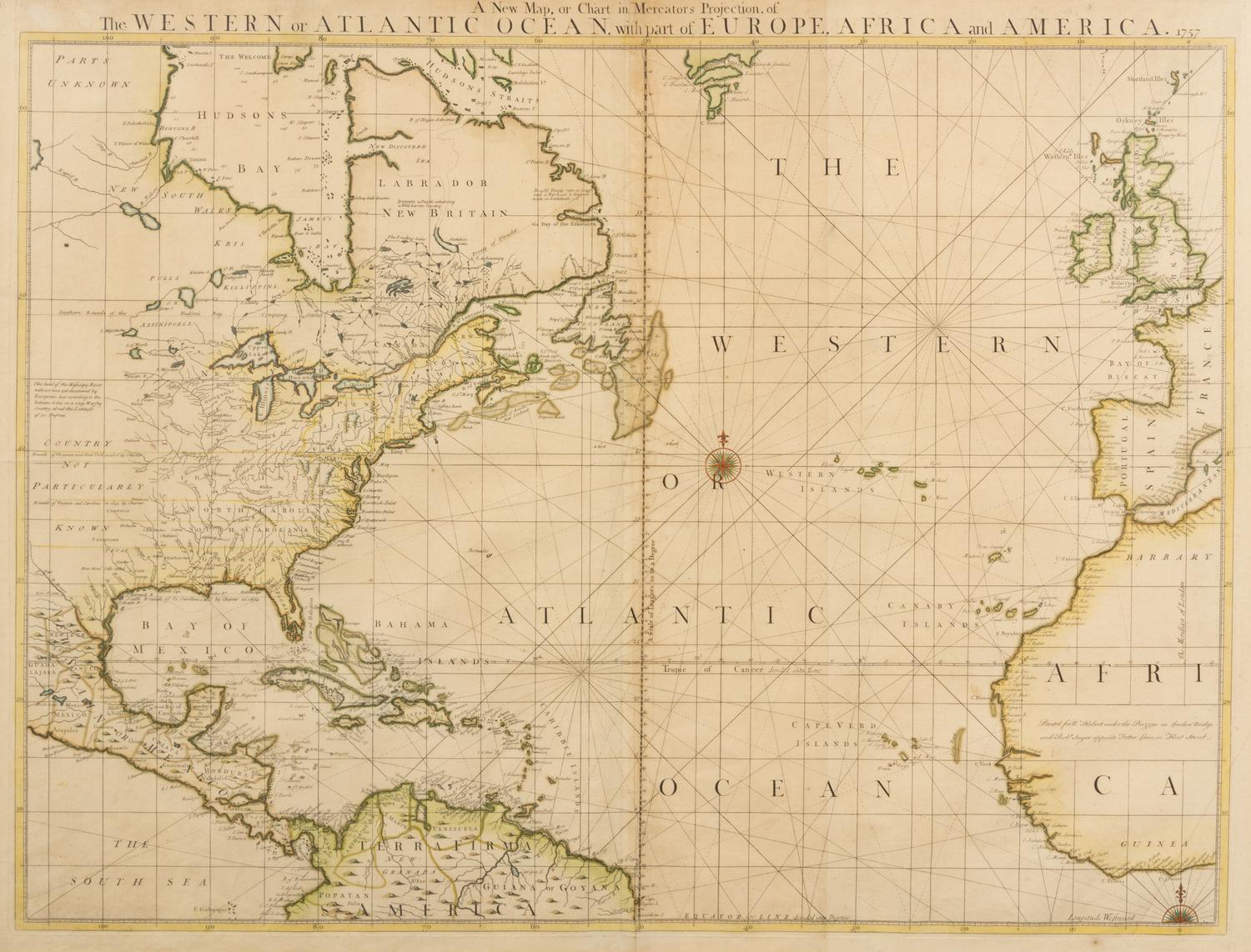 HERBERT, William (1718-1795) and John SENEX (1678-1740). A New Map, or Chart in Mercator's Projection, of The Western or Atlantic Ocean, with part of Europe, Africa and America. London, 1757.