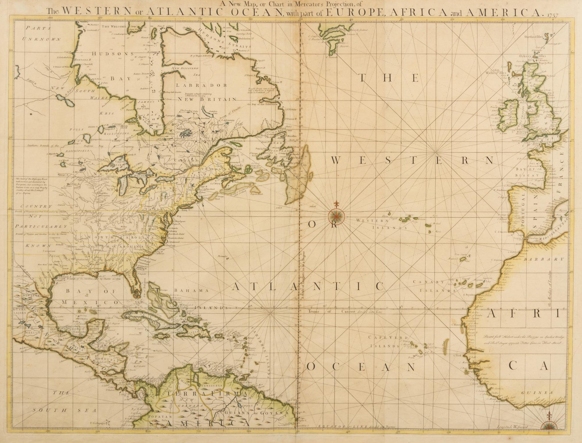 HERBERT, William (1718-1795) and John SENEX (1678-1740). A New Map, or Chart in Mercator's Projection, of The Western or Atlantic Ocean, with part of Europe, Africa and America. London, 1757.