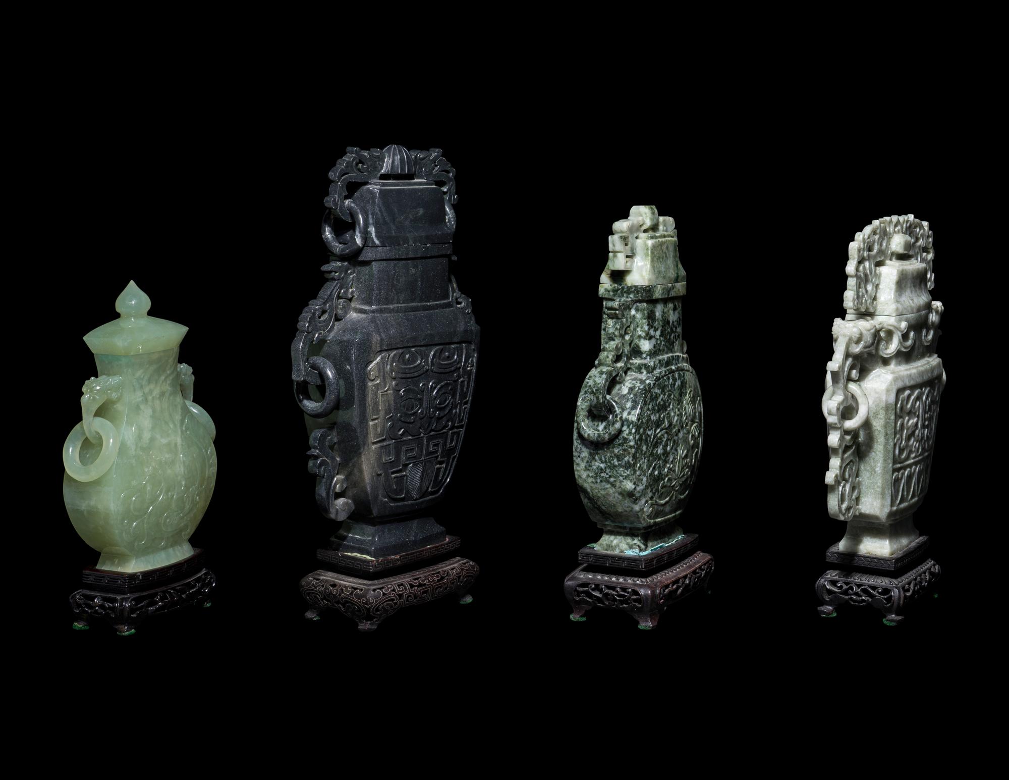 Four Chinese Jadeite and Hardstone Covered Vases