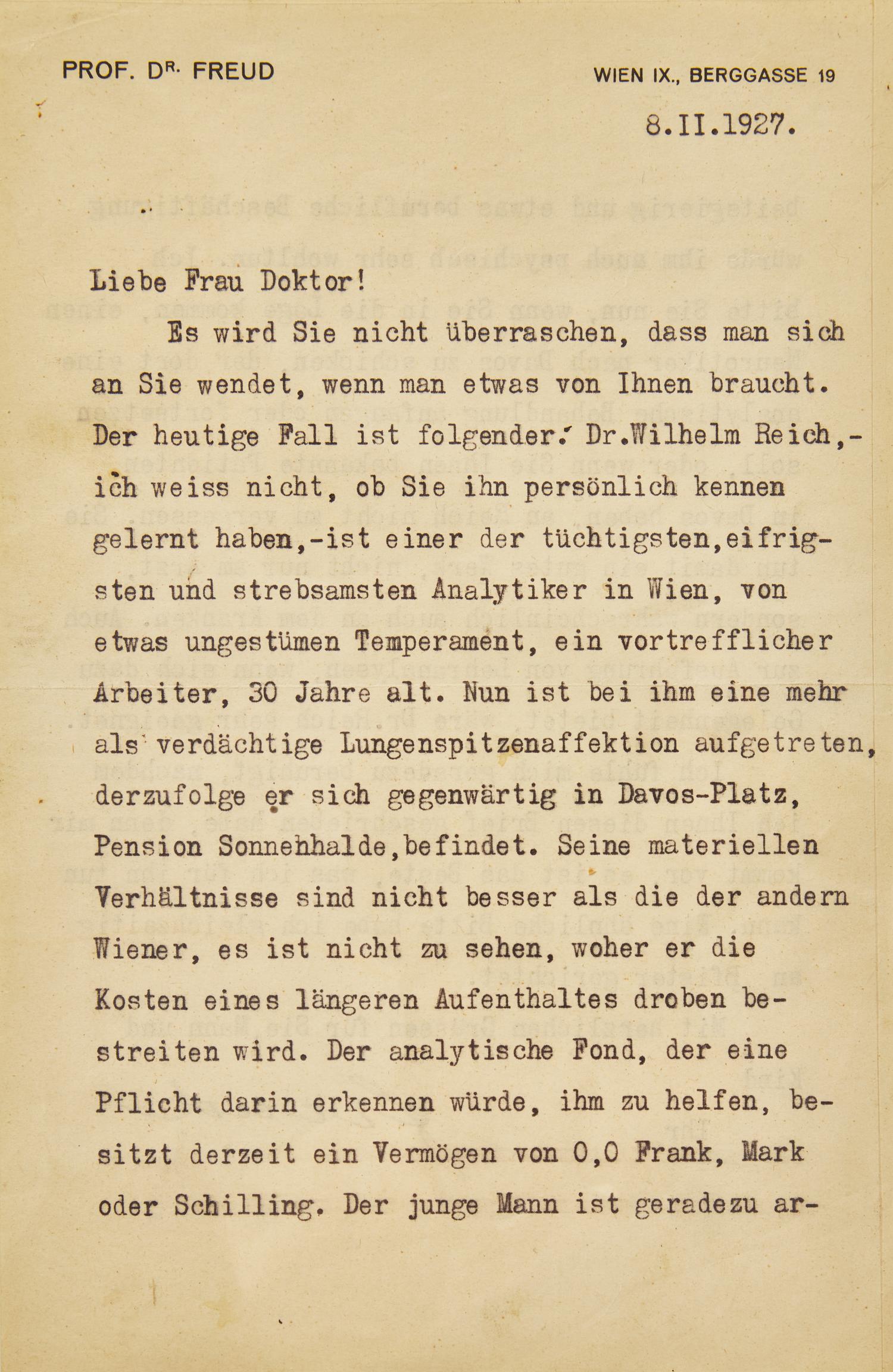 [Psychology] [Reich, Wilhelm] Freud, Sigmund. Typed Letter, signed