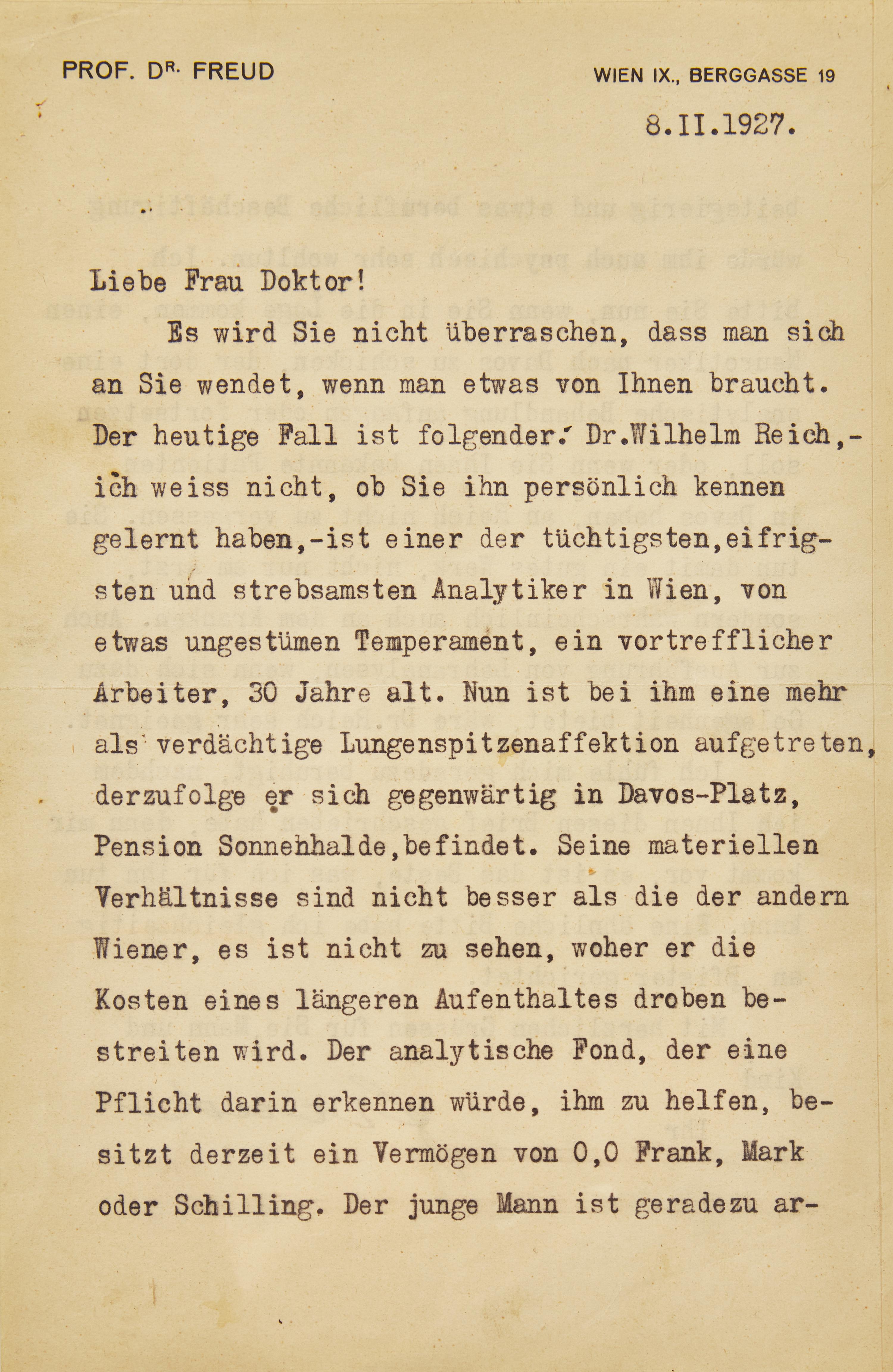 [Psychology] [Reich, Wilhelm] Freud, Sigmund. Typed Letter, signed