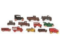 Twelve Painted Cast Iron Toy Cars, Trucks, and Buses