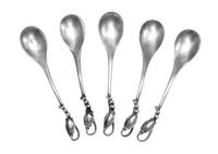 Five Danish Silver Demitasse Spoons, Georg Jensen Silversmithy, Copenhagen, in the Blossom pattern.