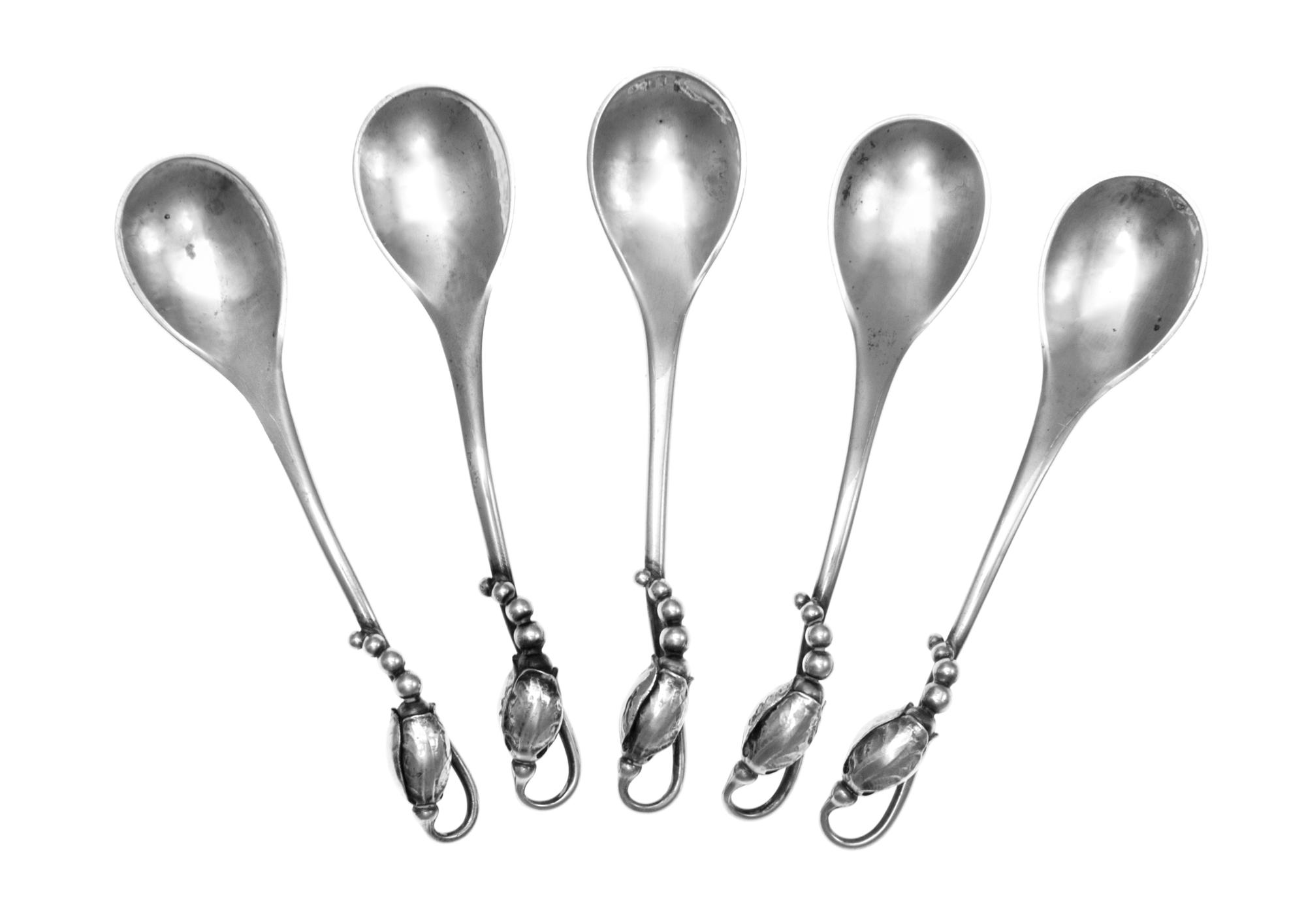 Five Danish Silver Demitasse Spoons, Georg Jensen Silversmithy, Copenhagen, in the Blossom pattern.