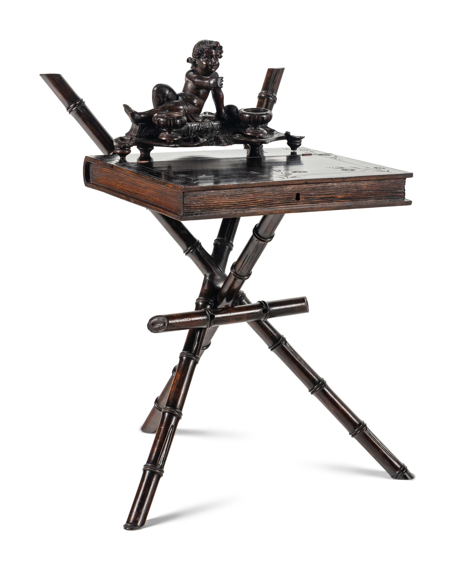 A Venetian Carved Walnut 'Fantasy' Ink Stand, Writing Desk and Bench