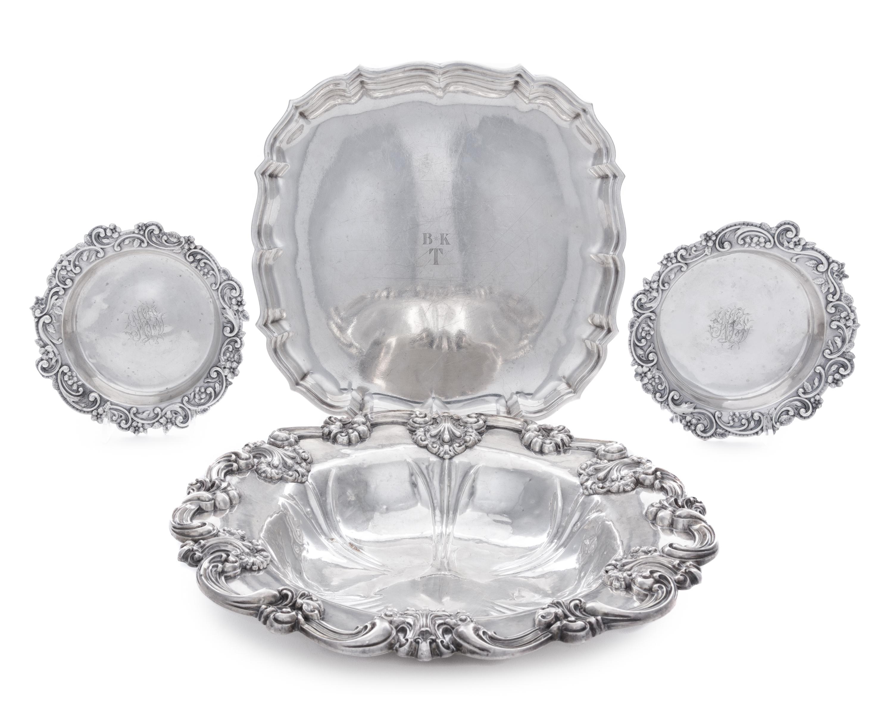 Four American Silver Articles, 20th Century, comprising a Frank Smith square tray with pie crust edge, a Graff, Washbourne and Dunn bow
