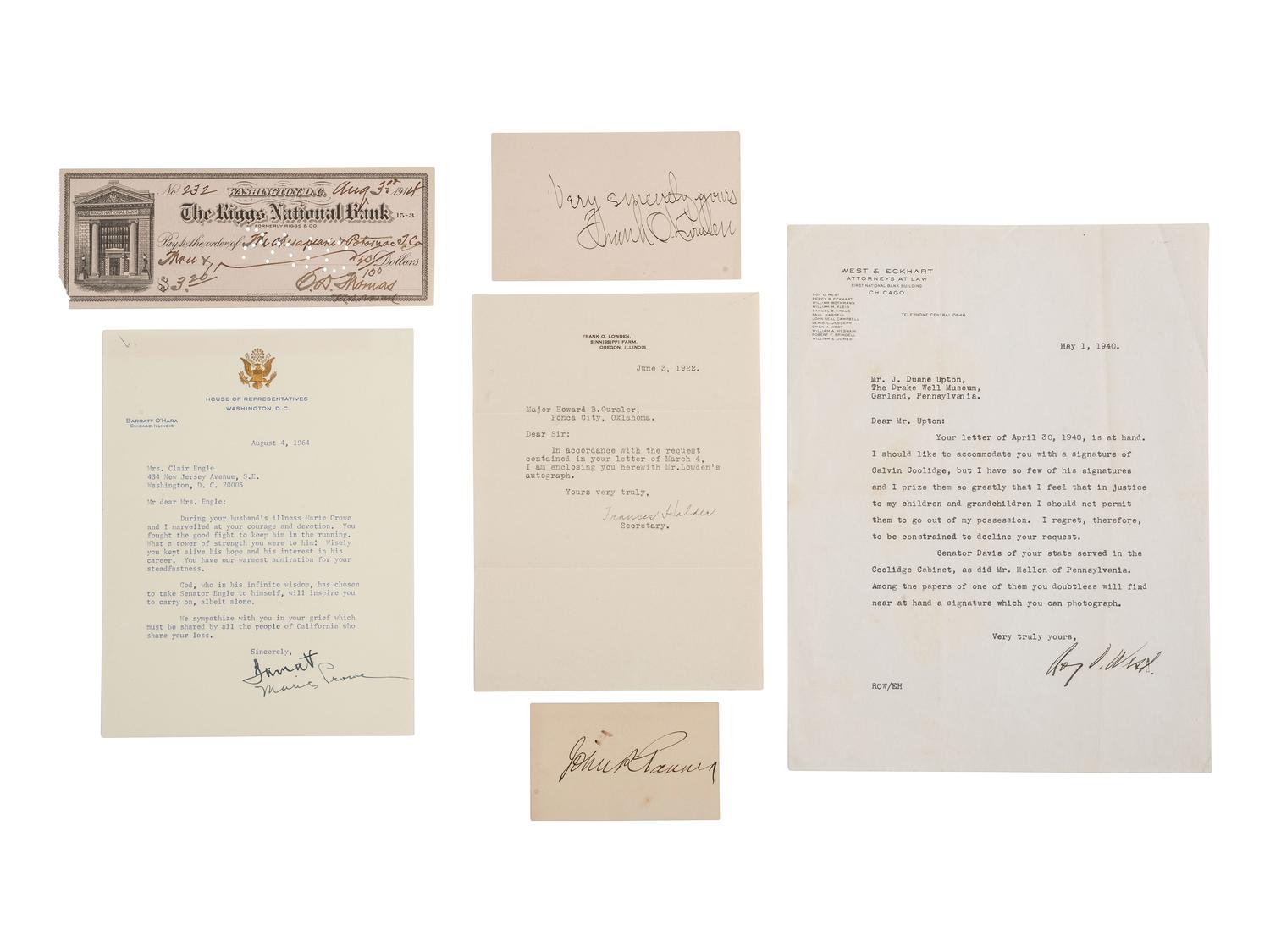[ILLINOIS] Autographs and ephemera related to Illinois politicians and other influential figures.