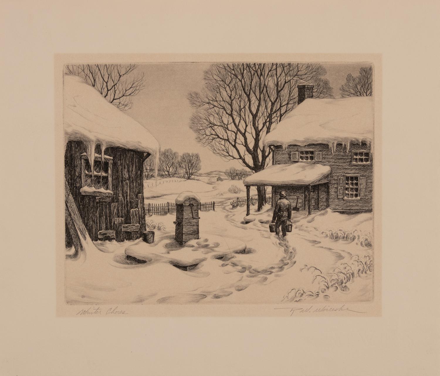 A group of four American prints (Ernest Fiene, New Snow ; Ernest Fiene, Rural Village ; Kyra Markham; Winter Twilight ; Ronau Woiceske, Winter Chores)
