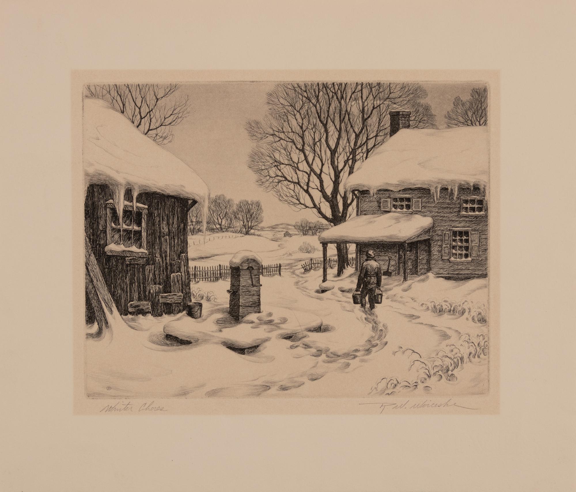 A group of four American prints (Ernest Fiene, New Snow ; Ernest Fiene, Rural Village ; Kyra Markham; Winter Twilight ; Ronau Woiceske, Winter Chores)
