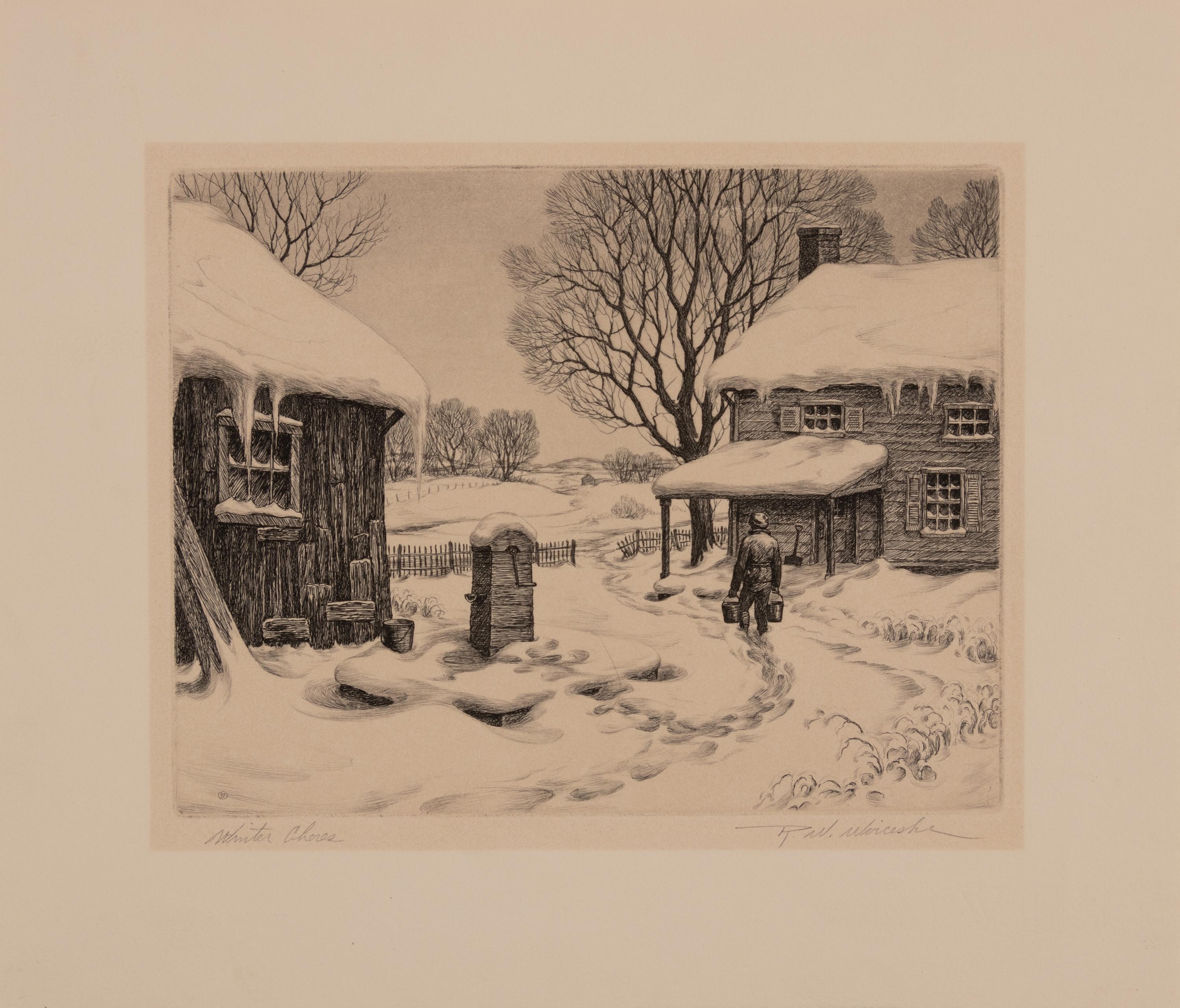A group of four American prints (Ernest Fiene, New Snow ; Ernest Fiene, Rural Village ; Kyra Markham; Winter Twilight ; Ronau Woiceske, Winter Chores)