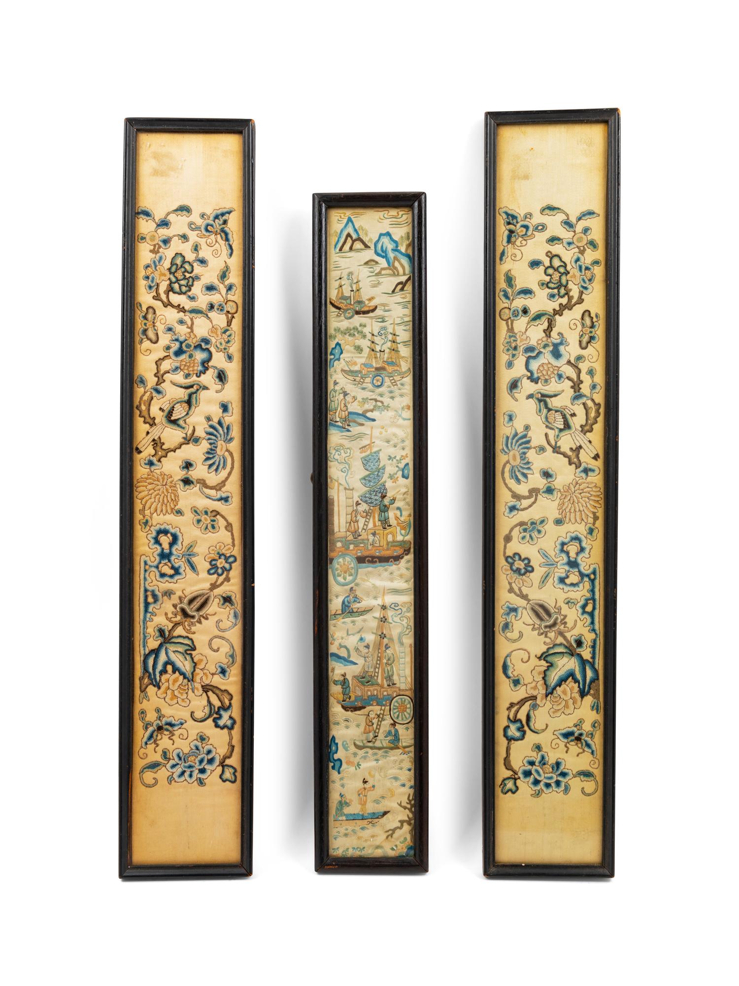 Five Chinese Embroidered Silk Cuff Panels