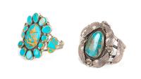 Two Southwestern Silver and Turquoise Bracelets Length 5 x opening 1 1/4 x width 2 7/8 inches