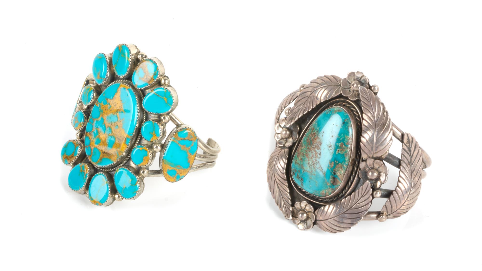 Two Southwestern Silver and Turquoise Bracelets Length 5 x opening 1 1/4 x width 2 7/8 inches