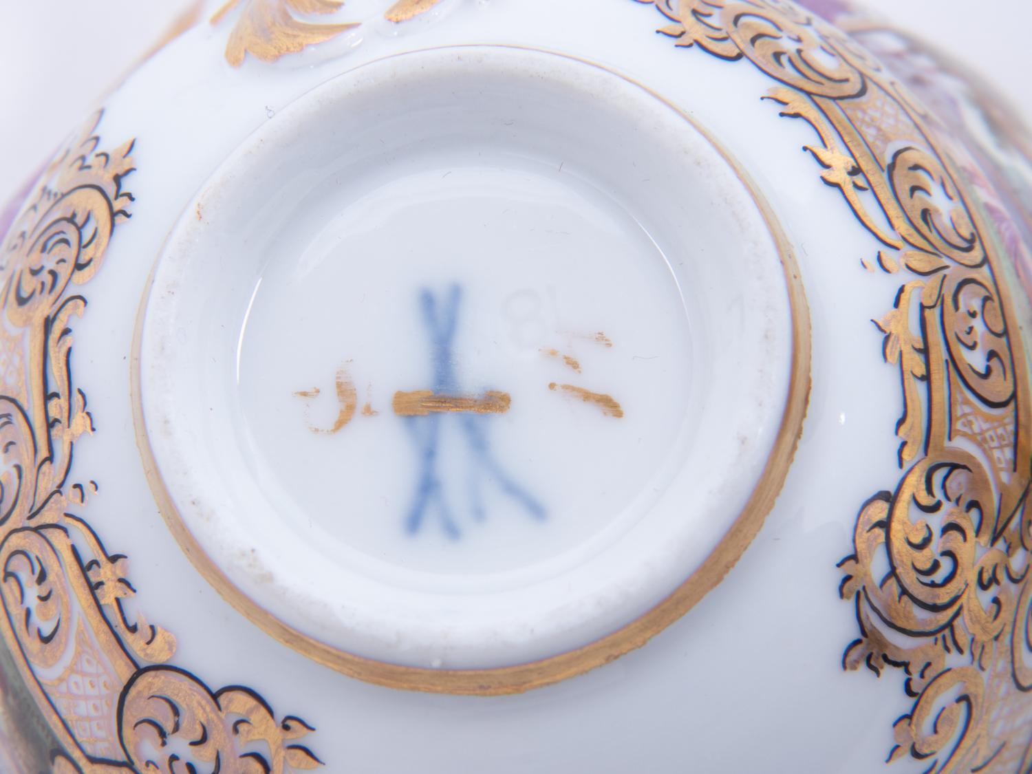 Three Meissen Painted and Parcel Gilt Porcelain Cup and Saucer Sets, a Covered Cup and Two Spoons