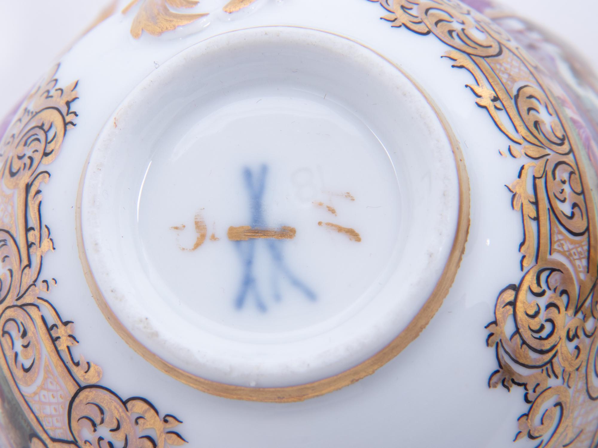 Three Meissen Painted and Parcel Gilt Porcelain Cup and Saucer Sets, a Covered Cup and Two Spoons