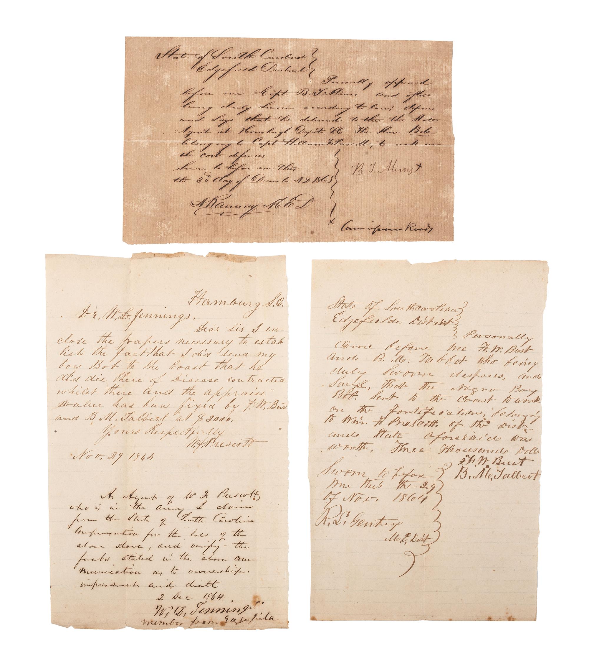 [CIVIL WAR]. Three manuscripts related to an enslaved man named "Bob" who died working on Confederate fortifications on James Island. 1863.