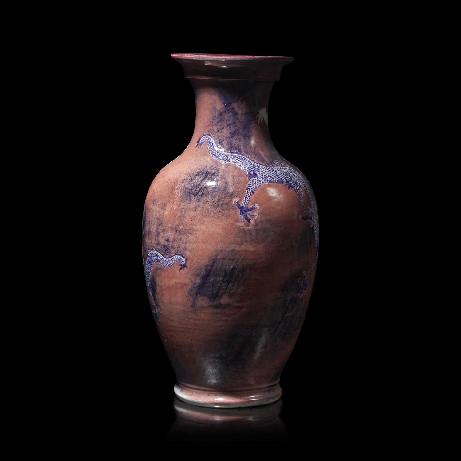 An Unusual and Large Carved Underglaze Blue and Copper Red "Dragons" Vase — 青花釉裡紅龍紋大瓶