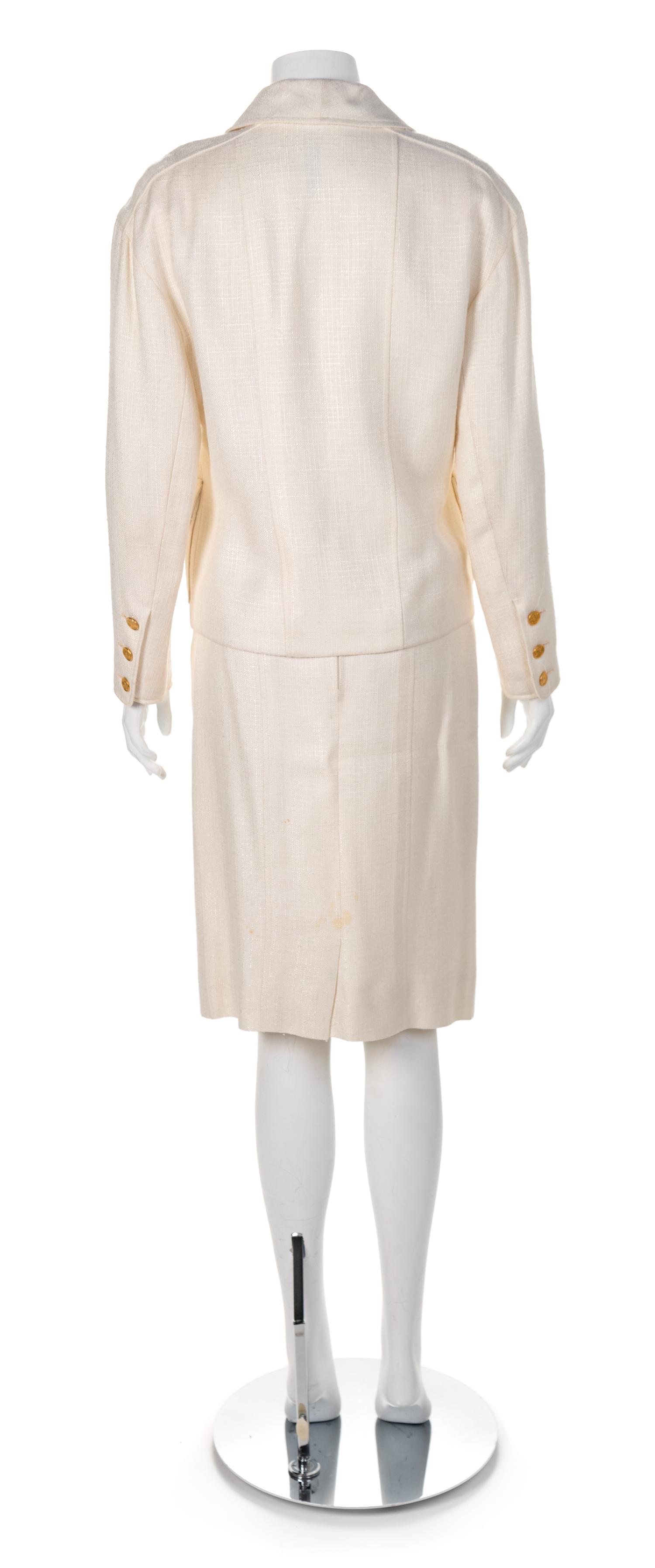 Chanel White Skirt and Jacket with Gold Buttons, 1970-90s Size label: 38