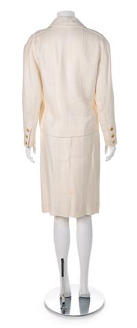 Chanel White Skirt and Jacket with Gold Buttons, 1970-90s Size label: 38
