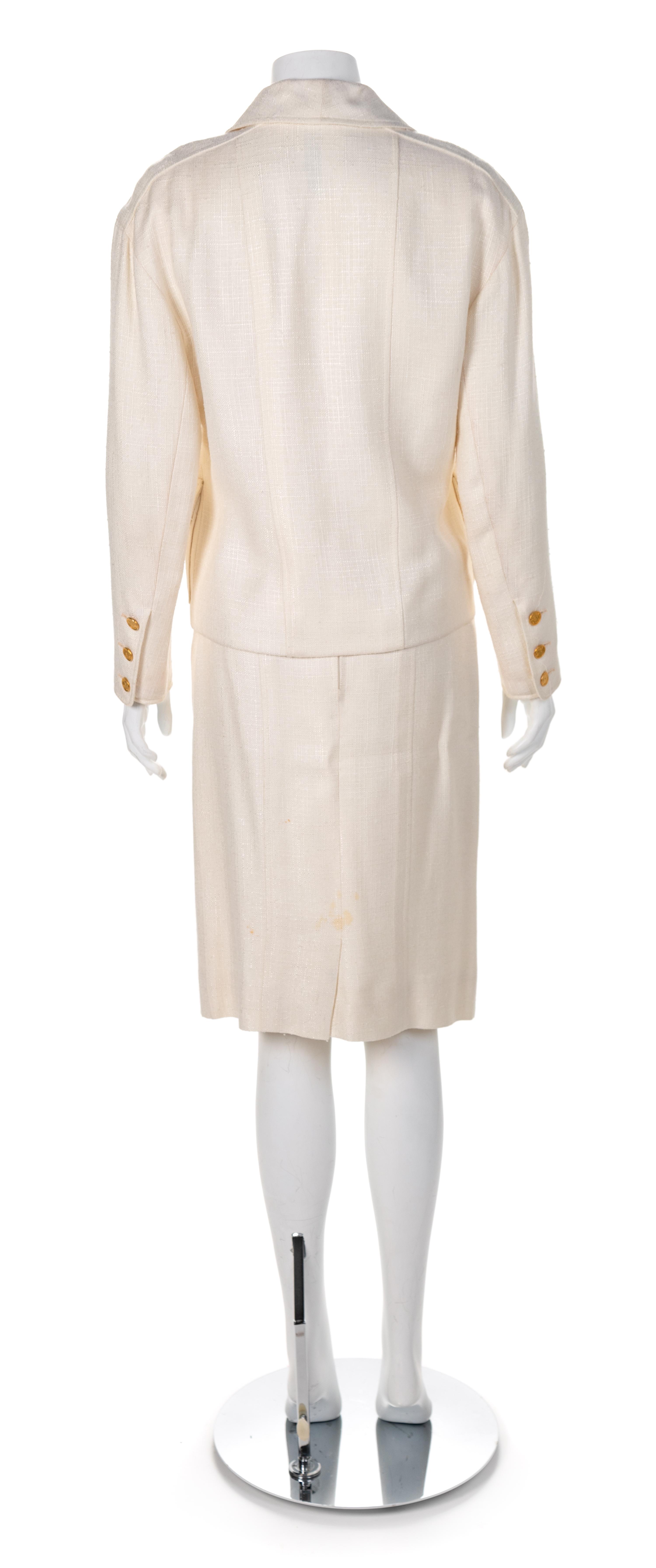 Chanel White Skirt and Jacket with Gold Buttons, 1970-90s Size label: 38