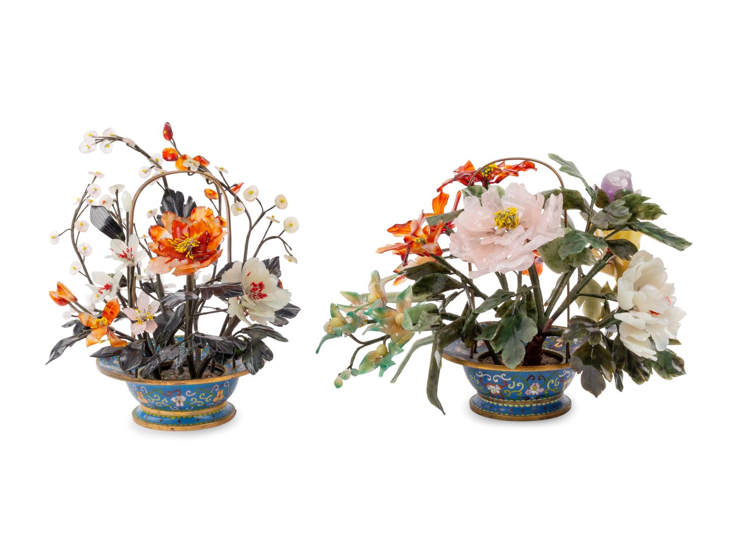 A Pair of Chinese Export Carved Hardstone Models of Flowering Bushes in Cloisonné Baskets