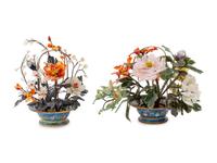 A Pair of Chinese Export Carved Hardstone Models of Flowering Bushes in Cloisonné Baskets