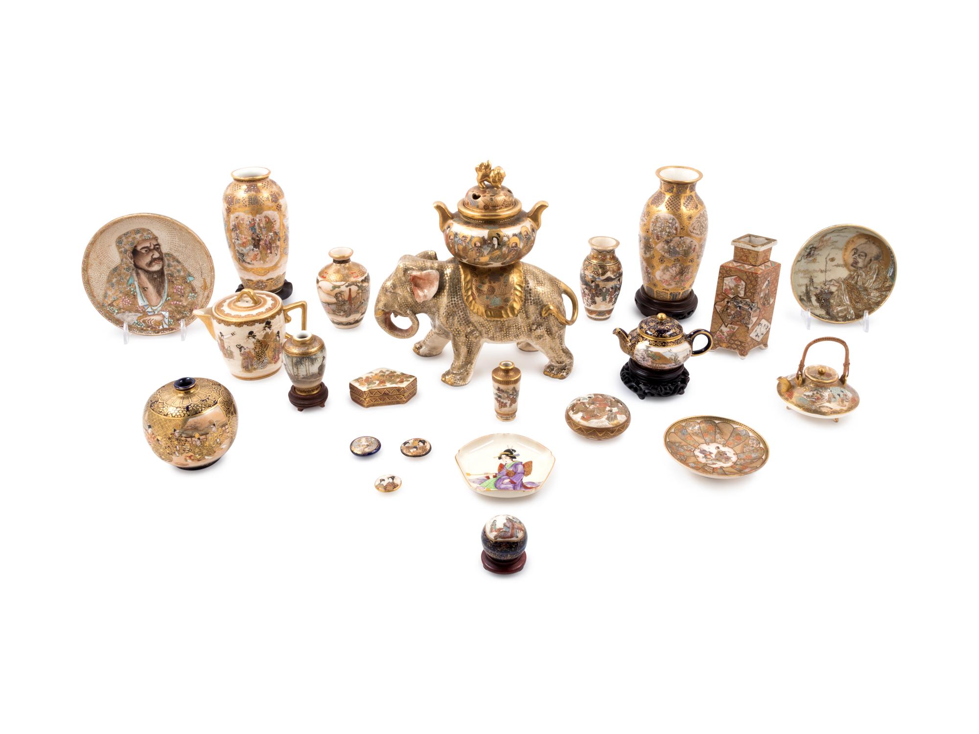 A Group of Japanese Enamel Decorated Satsuma Porcelain Articles