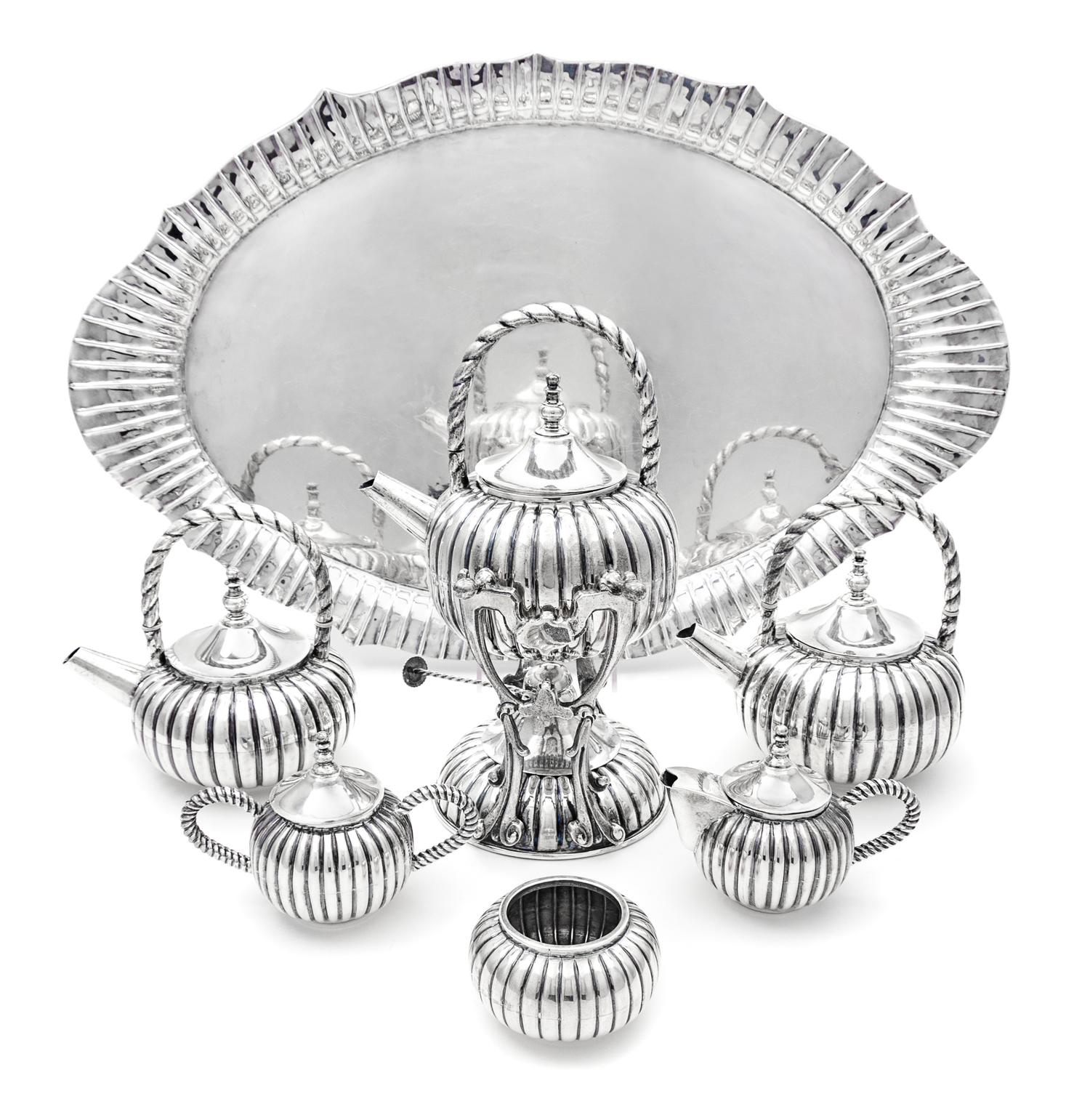 A Mexican Silver Seven-Piece Tea and Coffee Service, Kimberley, Mexico City, 20th Century, Kimberly pattern, comprising a water kettle-