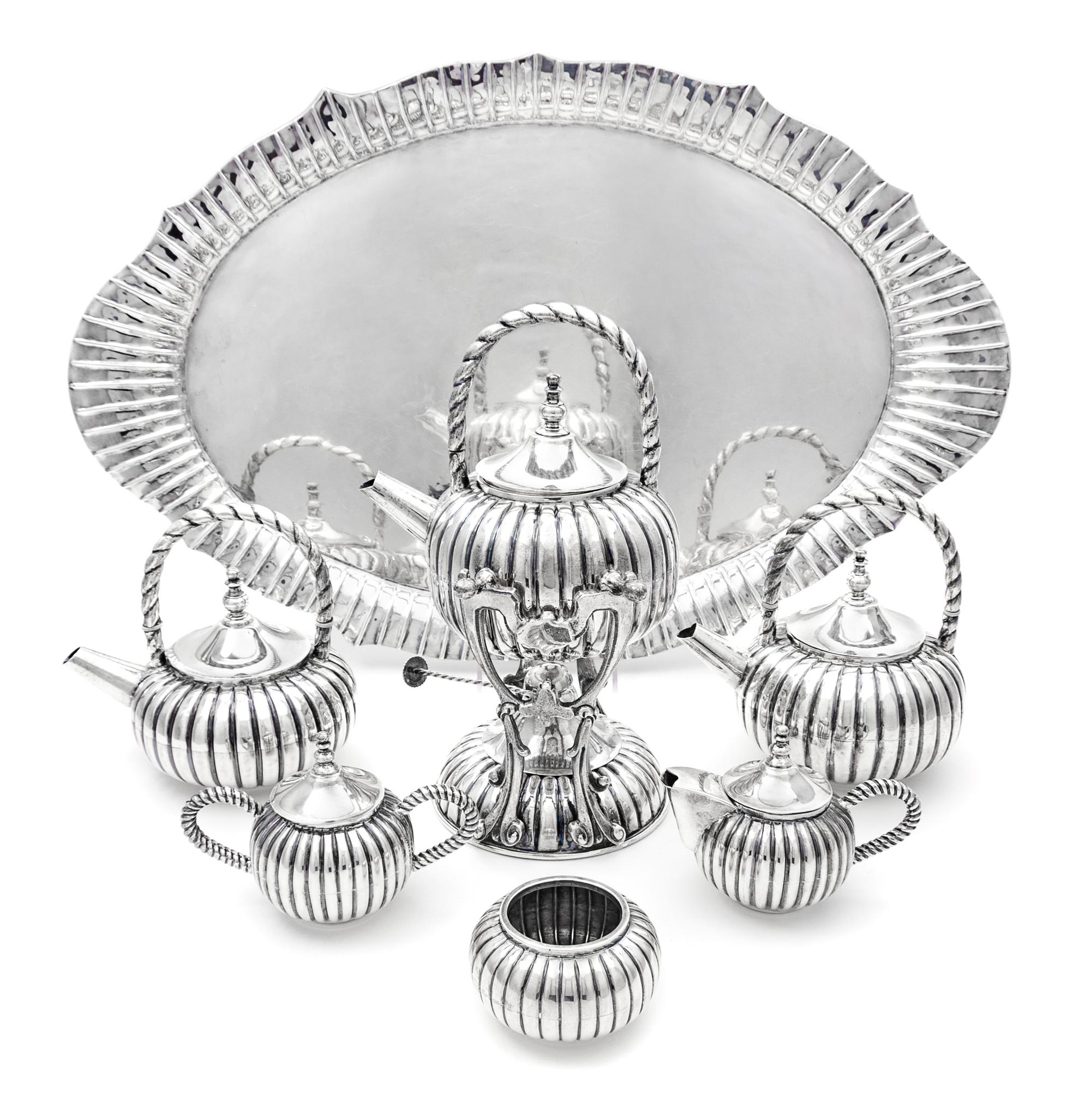 A Mexican Silver Seven-Piece Tea and Coffee Service, Kimberley, Mexico City, 20th Century, Kimberly pattern, comprising a water kettle-