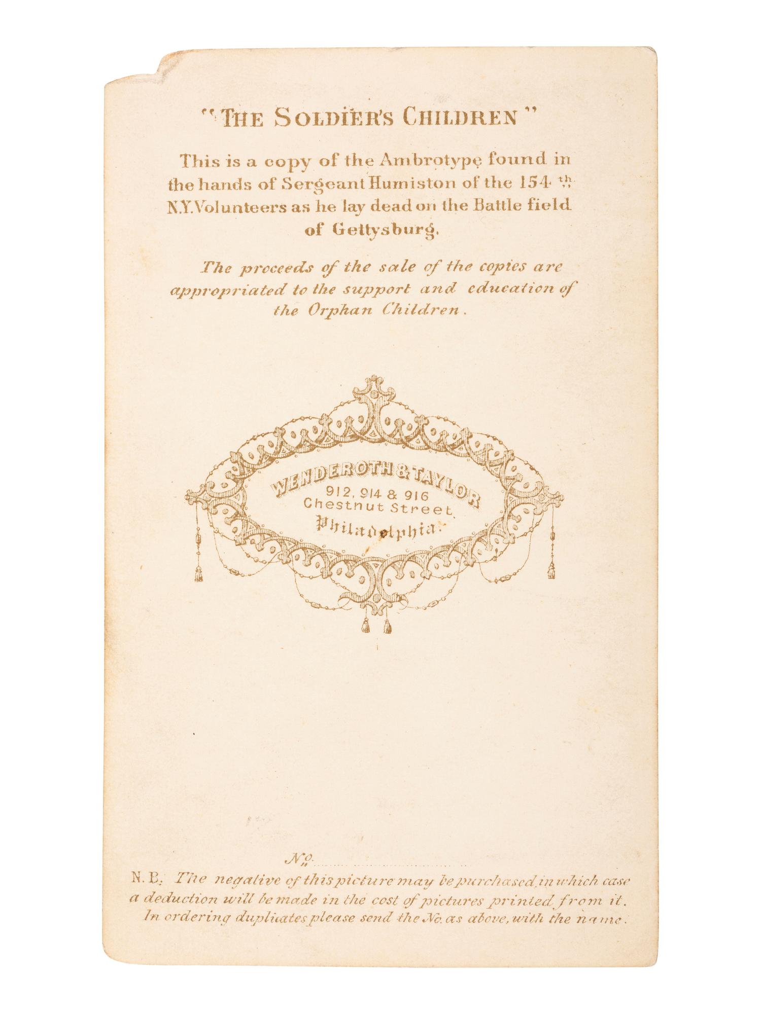 [CIVIL WAR]. Two CDVs, incl. "The Soldier's Children." Philadelphia: Wenderoth & Taylor, ca 1863, sold to benefit the fatherless children of the Civil War.