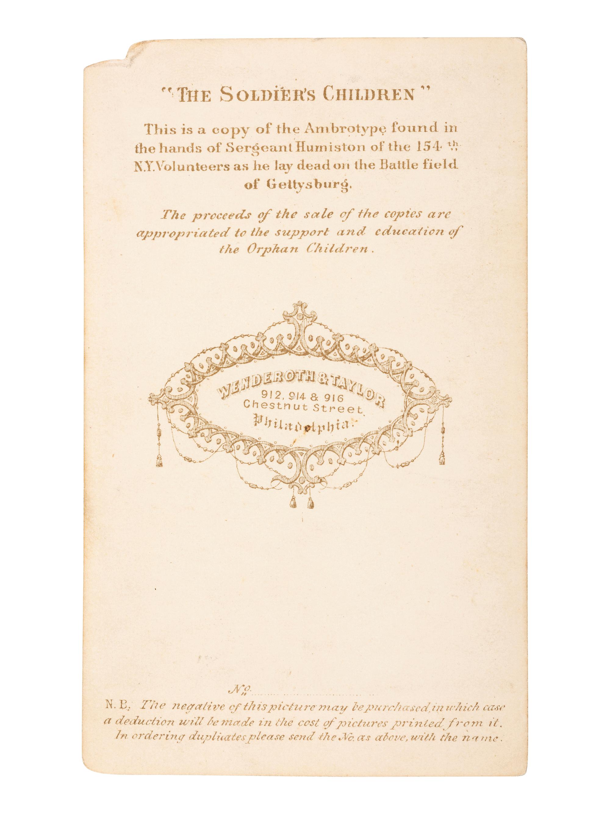 [CIVIL WAR]. Two CDVs, incl. "The Soldier's Children." Philadelphia: Wenderoth & Taylor, ca 1863, sold to benefit the fatherless children of the Civil War.