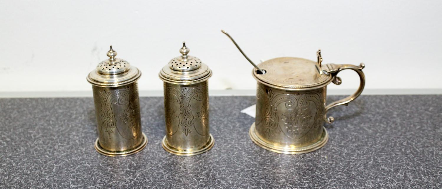 A Set of Three Victorian Silver Table Articles, Martin, Hall & co., Sheffield, 1889-1891, comprising a pair of casters and a mustard po