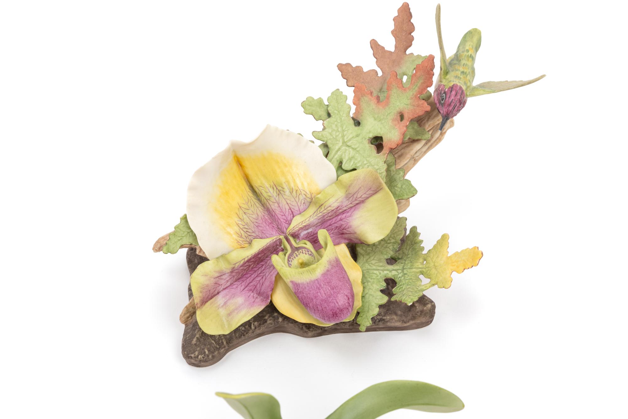 A Boehm Porcelain Orchid and Hummingbird Centerpiece