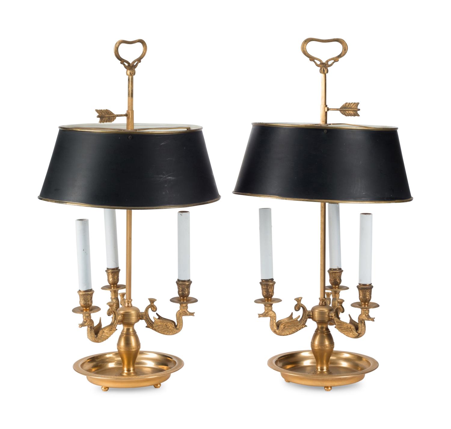 A Pair of French Gilt Metal and Tole Bouillotte Lamps
