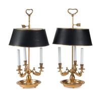 A Pair of French Gilt Metal and Tole Bouillotte Lamps