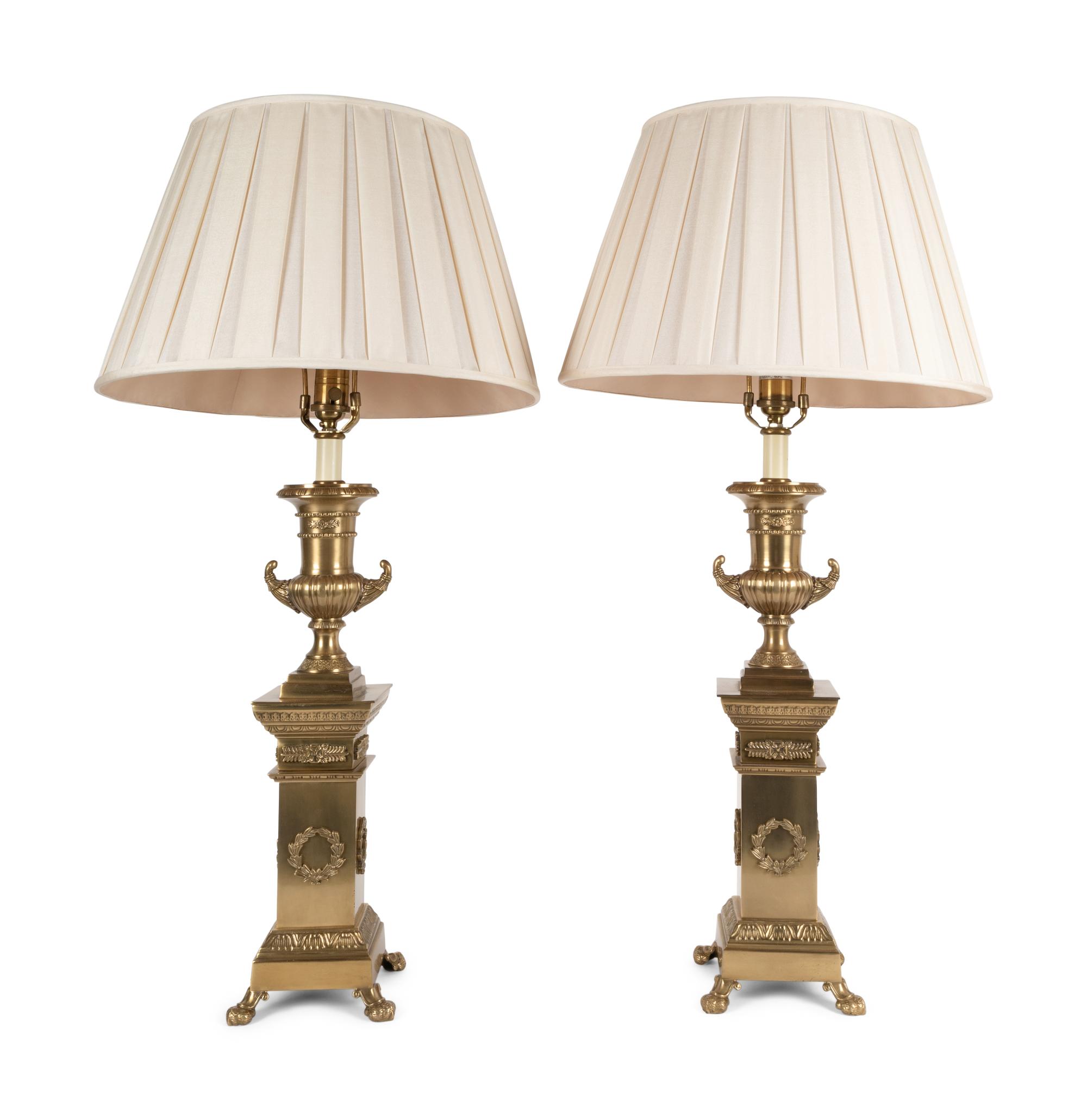 A Pair of Neoclassical Style Brass Urn-Form Lamps with Silk Shades