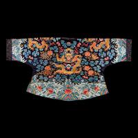 A Chinese Black Ground Embroidered Silk 'Dragon' Court Robe, Chaofugua, 19th Century 清晚期 黑緞地綉云龍紋朝服褂