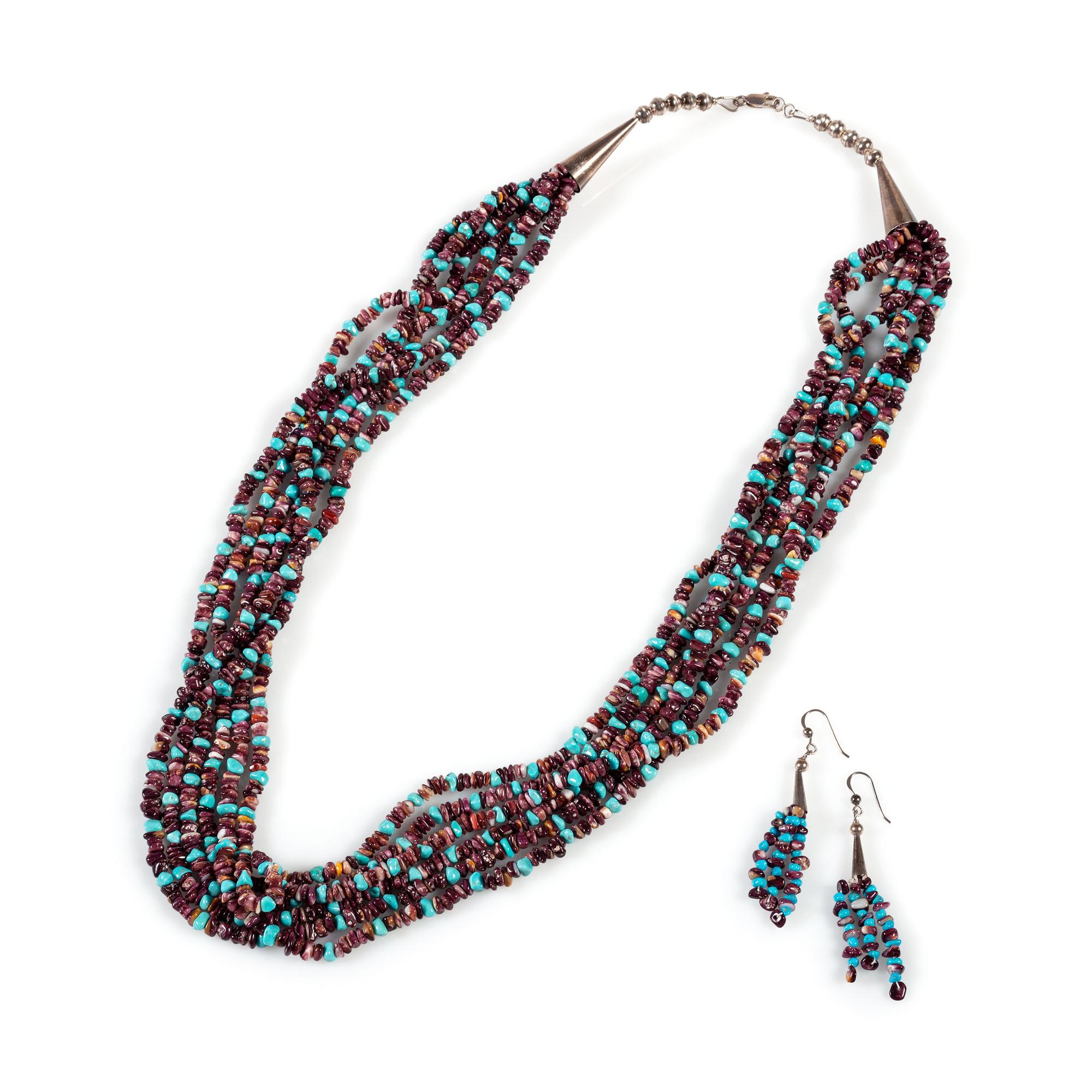 Multi-Strand Necklace and Matching Earrings, Strung with Spiny Oyster and Turquoise