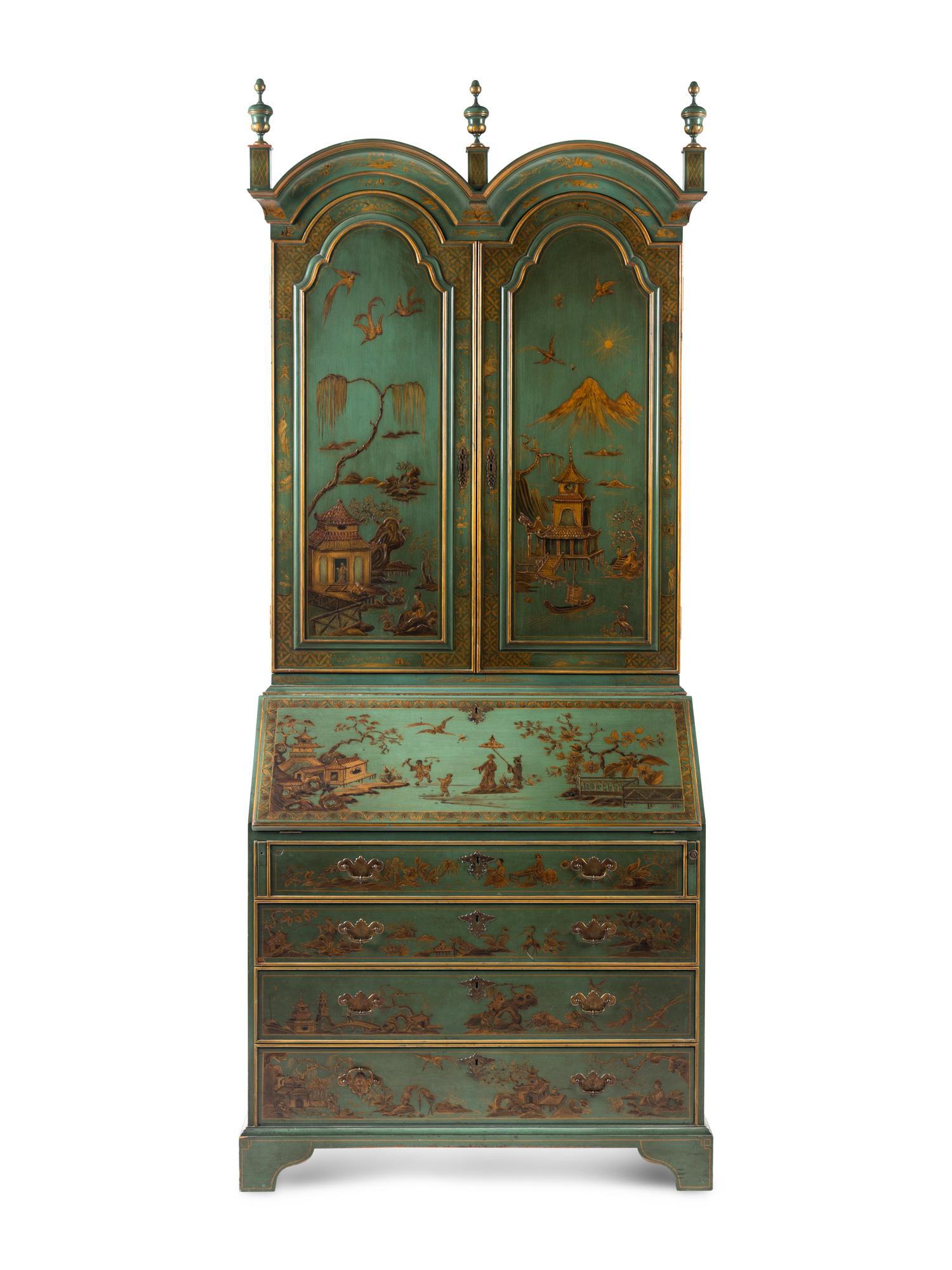 A George II Style Green and Gilt-Japanned Bureau Cabinet