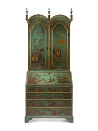 A George II Style Green and Gilt-Japanned Bureau Cabinet