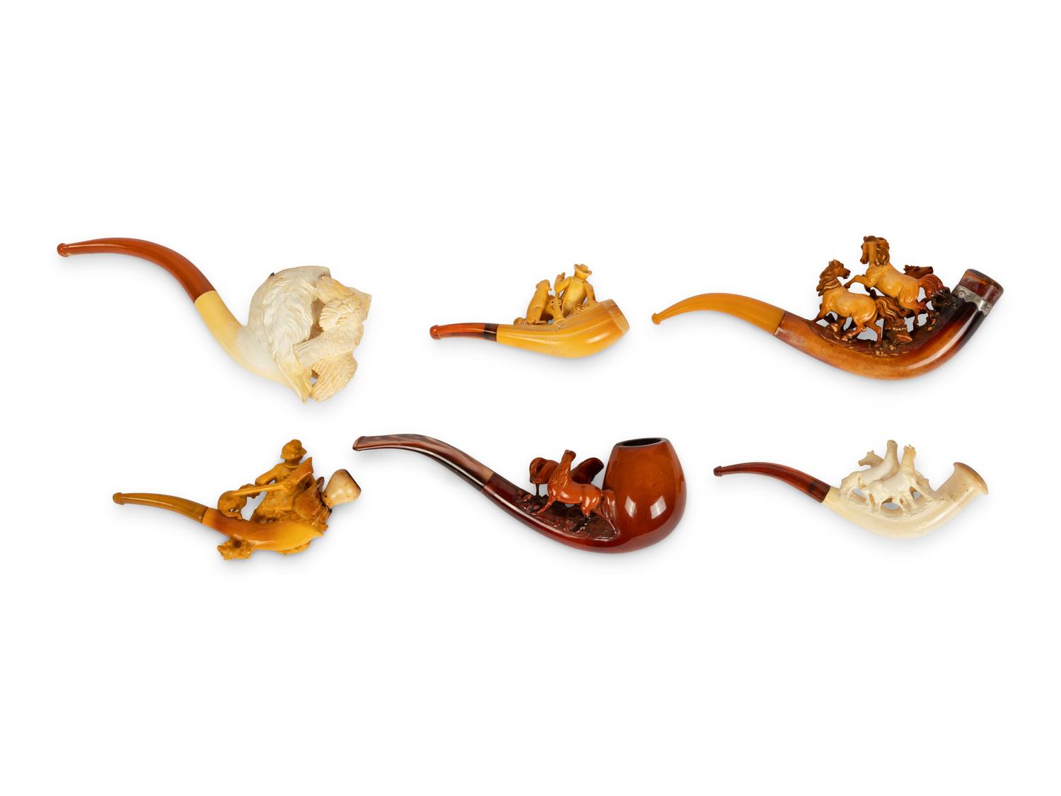 A Group of Six Carved Meerschaum Pipes