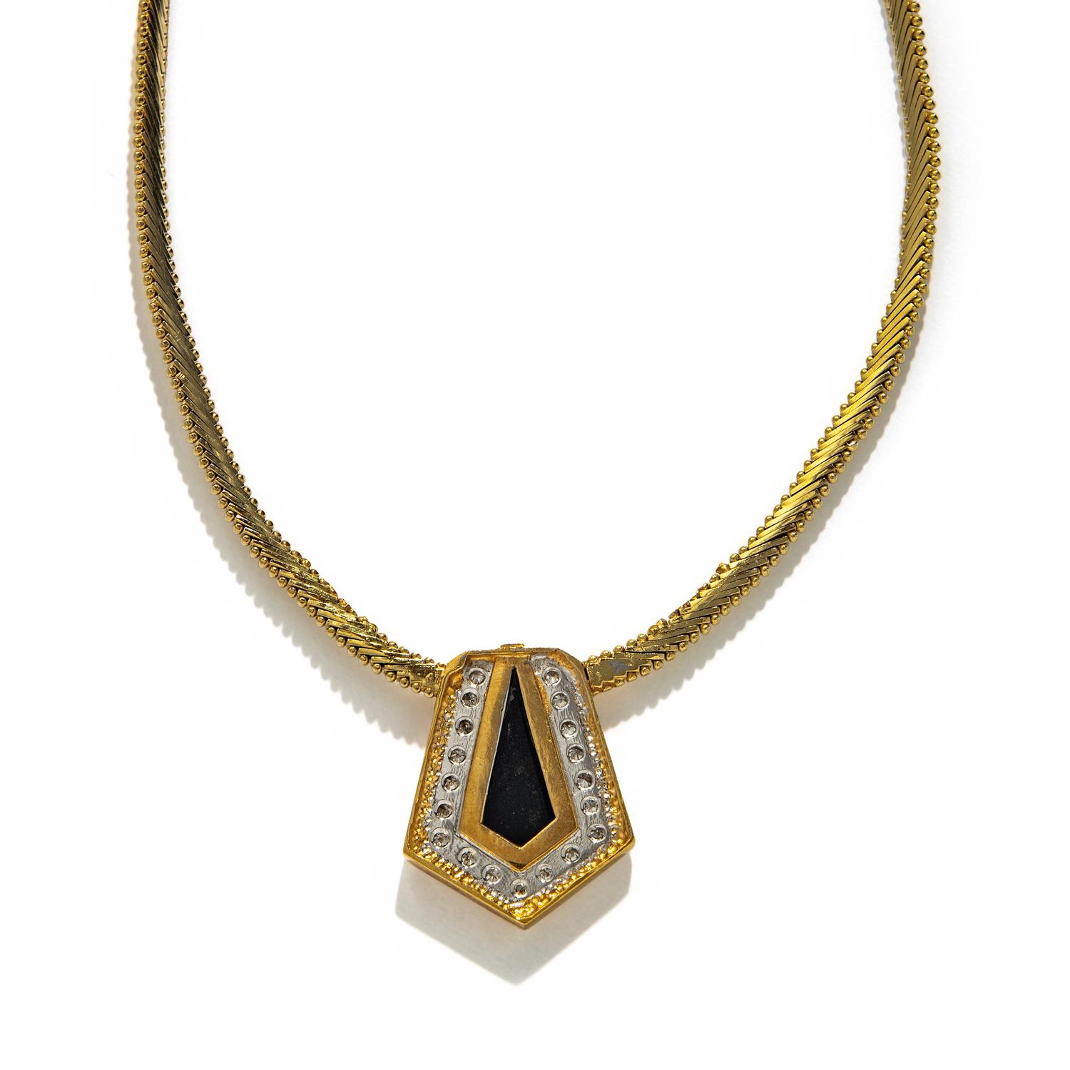 YELLOW GOLD, ONYX, AND DIAMOND NECKLACE