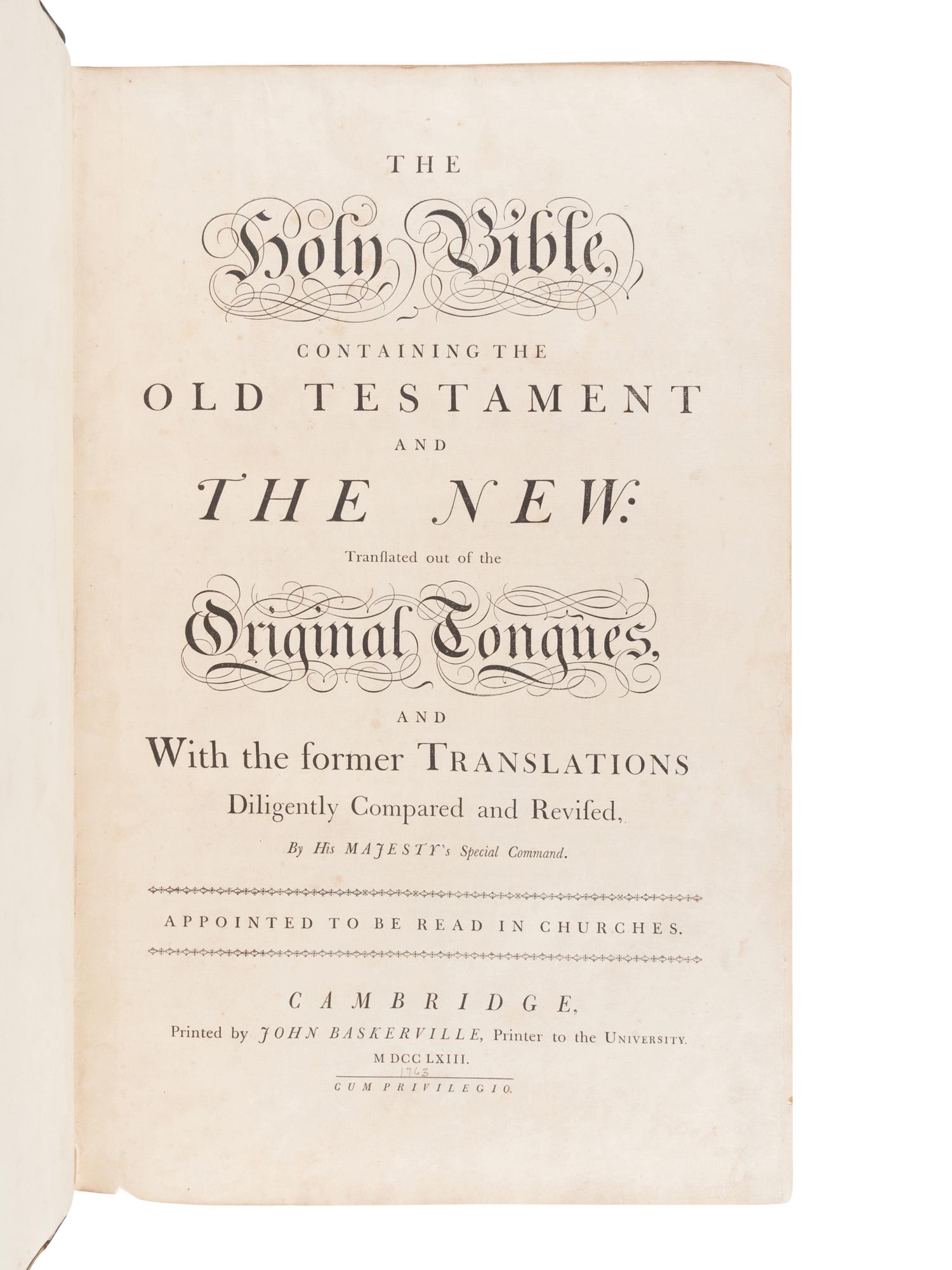 [BIBLE, in English]. The Holy Bible, containing the Old Testament and the New … Cambridge: John Baskerville, 1763.